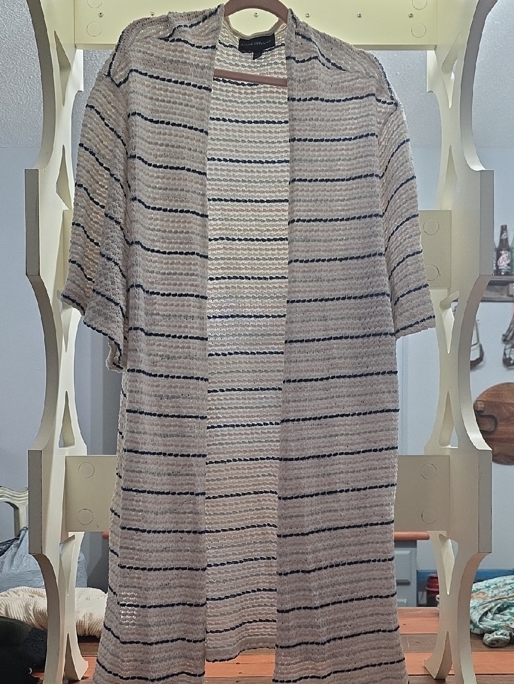 Open-Front Striped Knit Cardigan - White & Navy
